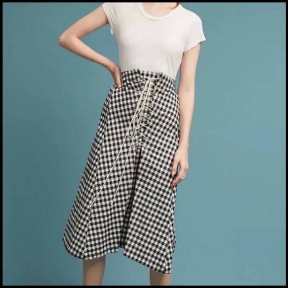 NWOT Eva Franco x Anthropologie Gingham Lace-Up Midi Skirt Black, White Size M - Picture 2 of 16